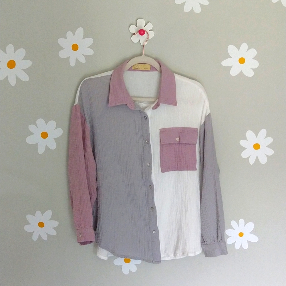 Lizard Thicket How Very Loved Mixed Color White Gray Lilac Muslin Button-Down